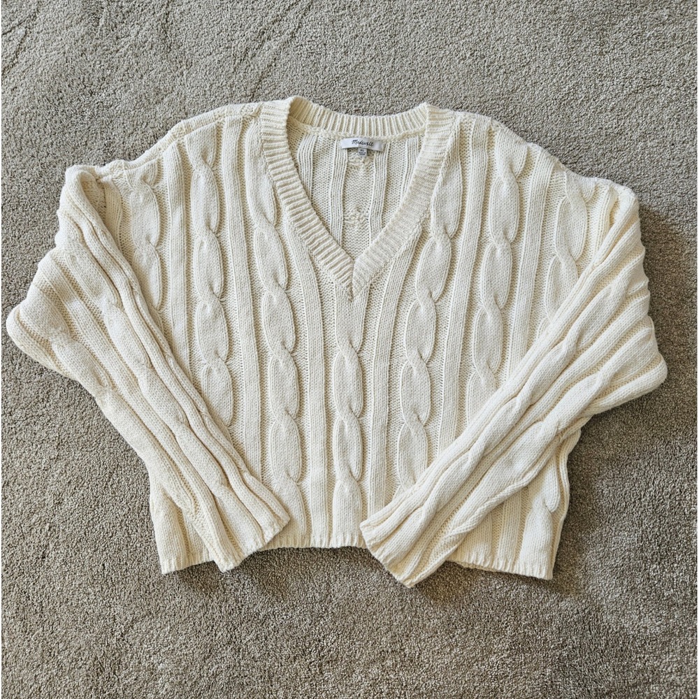 Madewell Cable Knit V-Neck Crop Sweater Women XL Ivory Coastal Fisherman Chunky